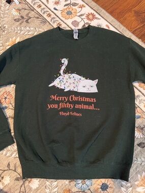 Gildan Dark Green Tee with White Cat and Multicolor Lights